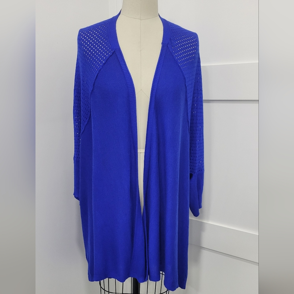 Catherines Cardigan Sweater Blue Lightweight Open Knit Front Short Sleeve Sz 2X